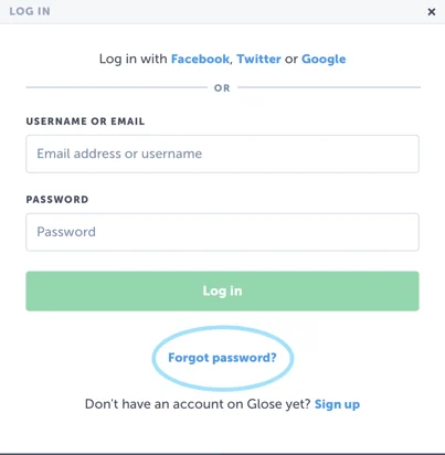 Forgot password option on Glose.