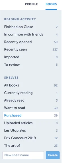 Purchased books tab in Glose.